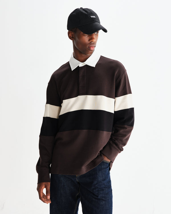 wax london men's Rowhill - Brown And Black Panelled Loopback Rugby Shirt