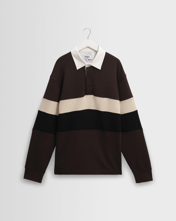 wax london men's Rowhill - Brown And Black Panelled Loopback Rugby Shirt