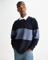 wax london men's Rowhill - Navy And Blue Panelled Loopback Rugby Shirt