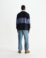 wax london men's Rowhill - Navy And Blue Panelled Loopback Rugby Shirt