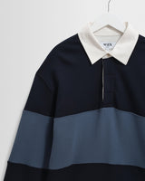 wax london men's Rowhill - Navy And Blue Panelled Loopback Rugby Shirt