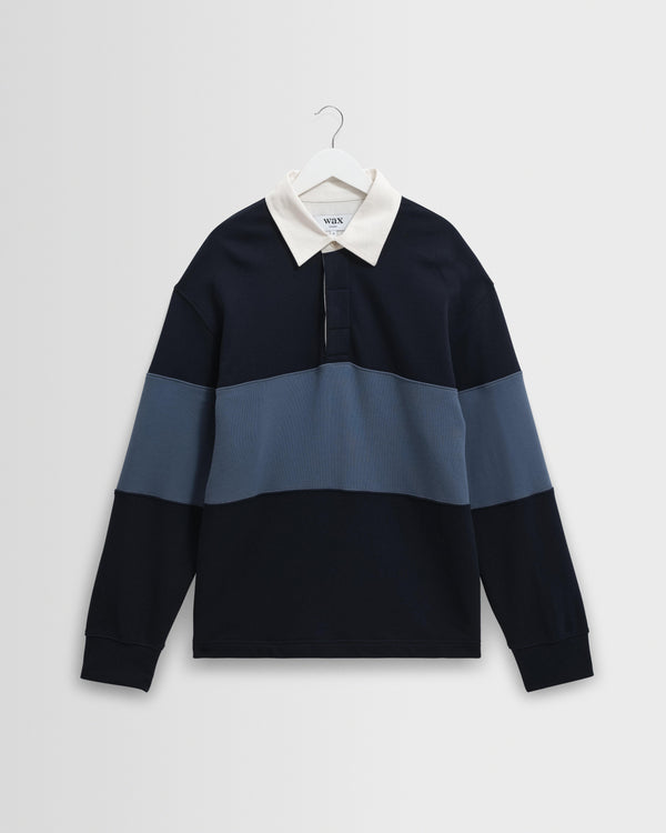 wax london men's Rowhill - Navy And Blue Panelled Loopback Rugby Shirt