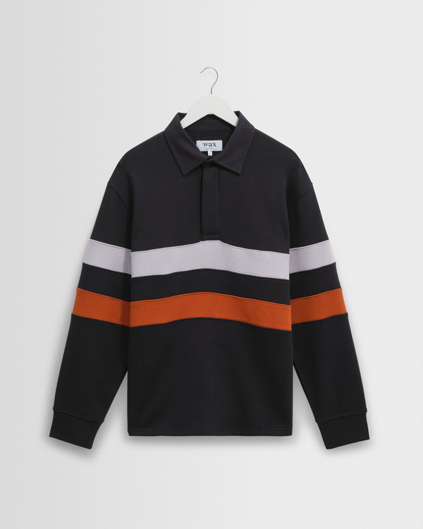 wax london men's Rowhill - Navy Stripe Panelled Loopback Rugby Shirt