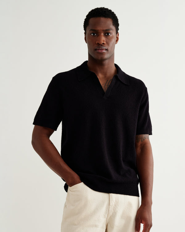 wax london men's Siena - Black Boucle Knitted Polo Shirt