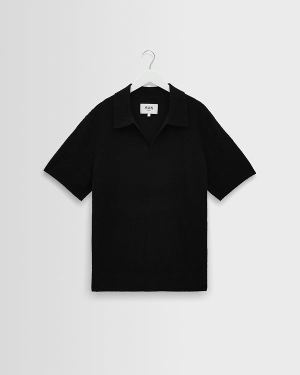 wax london men's Siena - Black Boucle Knitted Polo Shirt
