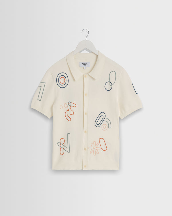 wax london men's Tellaro - Ecru And Multicolour Shapes Embroidered Shirt