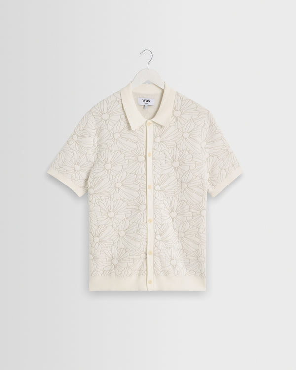 wax london men's Tellaro - Ecru Flower Jacquard Shirt