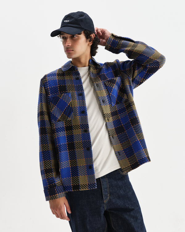 wax london men's Whiting - Blue And Khaki Pike Check Overshirt