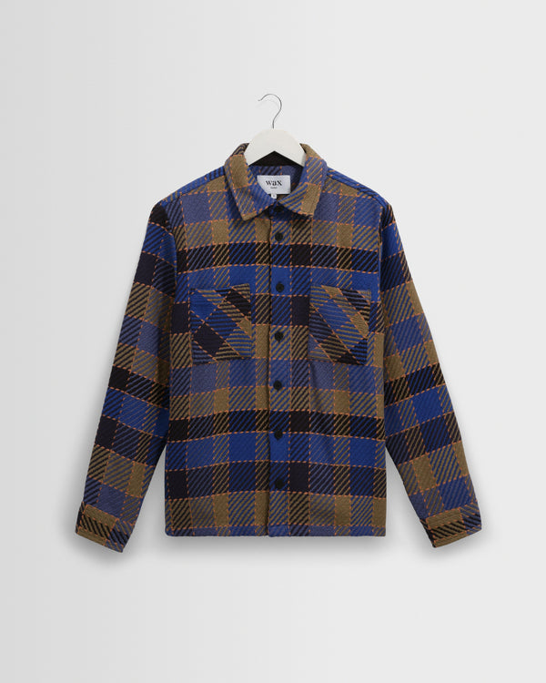 wax london men's Whiting - Blue And Khaki Pike Check Overshirt