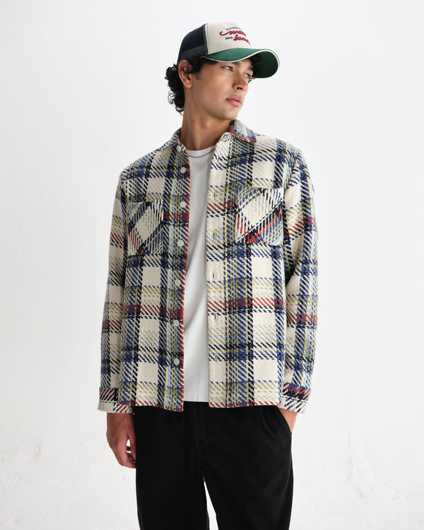 wax london men's Whiting - Ecru And Multicolour Jazz Weave Overshirt