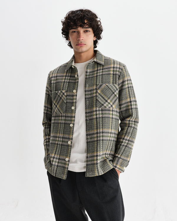 wax london men's Whiting - Green Wool Check Overshirt