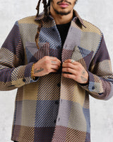 model facing front wearing multi colour square check overshirt