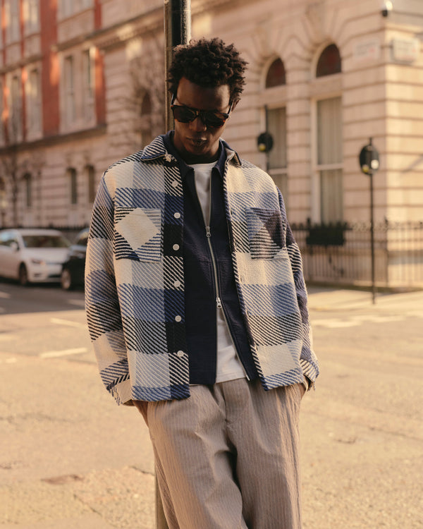 wax london men's Whiting - Navy And Ecru Block Check Overshirt